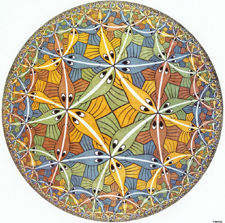 Teaser image showing a circular non-Euclidian tesselation of lizards by MC Escher.